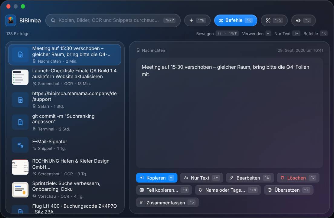 BiBimba-Mediathek: Suche kopierte Texte, Screenshots, Links und Textbausteine, sieh sie dir an und kopiere sie.